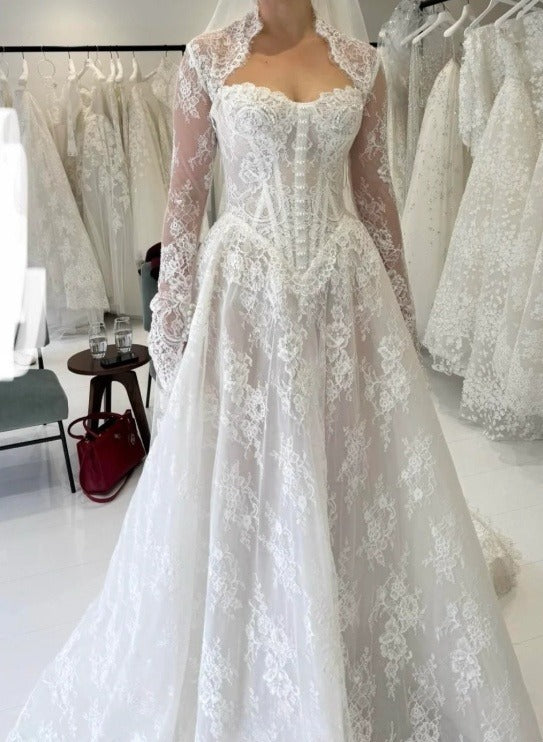 Elegant Long Sleeves White A-Line Lace Long Wedding Dress Bridal Dress, D954