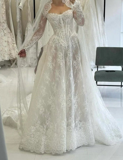 Elegant Long Sleeves White A-Line Lace Long Wedding Dress Bridal Dress, D954