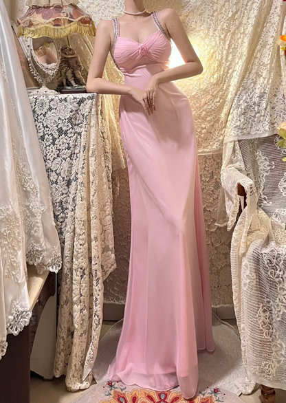 Classy Pink V Neck Chiffon Beaded Mermaid Long Wedding Guest Dress Formal Evening Dress D21119