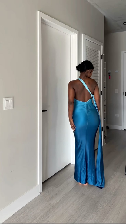 Sexy One Shoulder Backless Ombre Sea Blue Satin Mermaid Evening Gown Long Party Dress