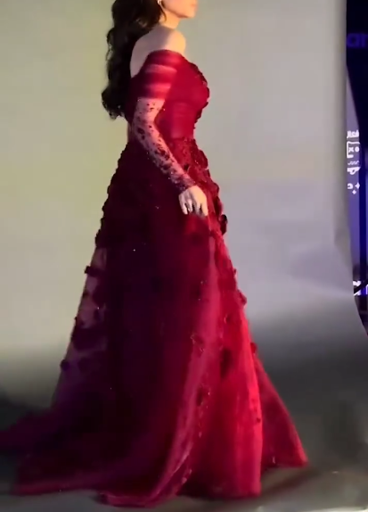 Pretty Off The Shoulder Ball Gown Red Organza Appliques Long Party Dress Birthday Outfits