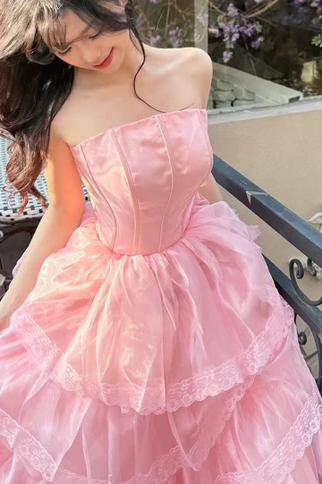 Sweet Pink Strapless Tulle Lace Layered Long Prom Gown Birthday Party Dress