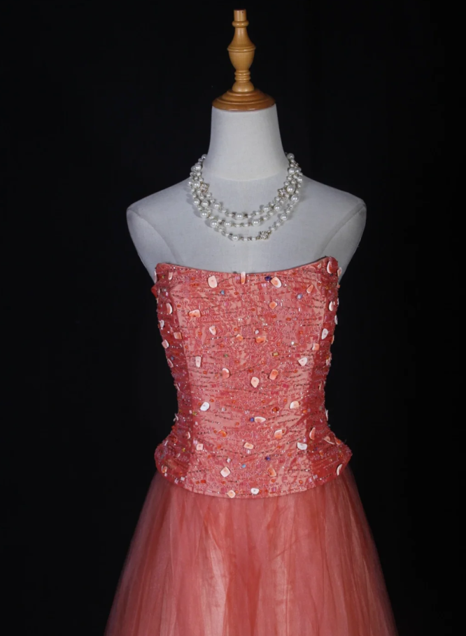 Sweet Strapless Tulle Beaded A Line Long Wedding Guest Dress Formal Birthday Evening Dress D2280