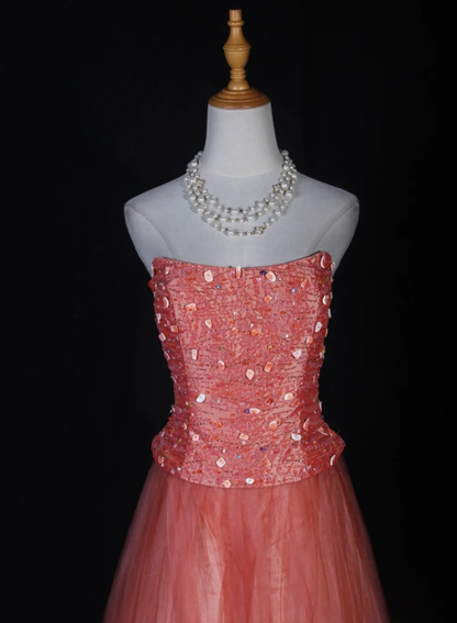 Sweet Strapless Tulle Beaded A Line Long Wedding Guest Dress Formal Birthday Evening Dress D2280