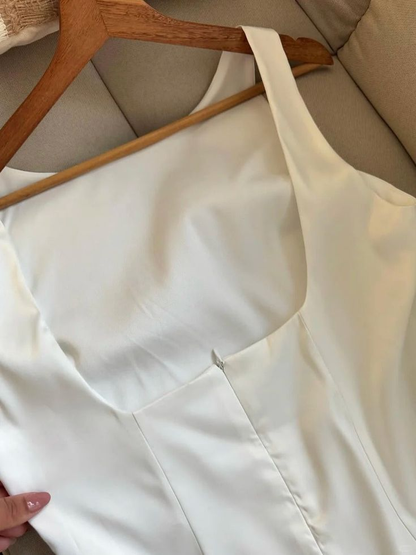 Simple Strapless White Satin Pleated Short Vacation Dress Formal Birthday Outfits D272