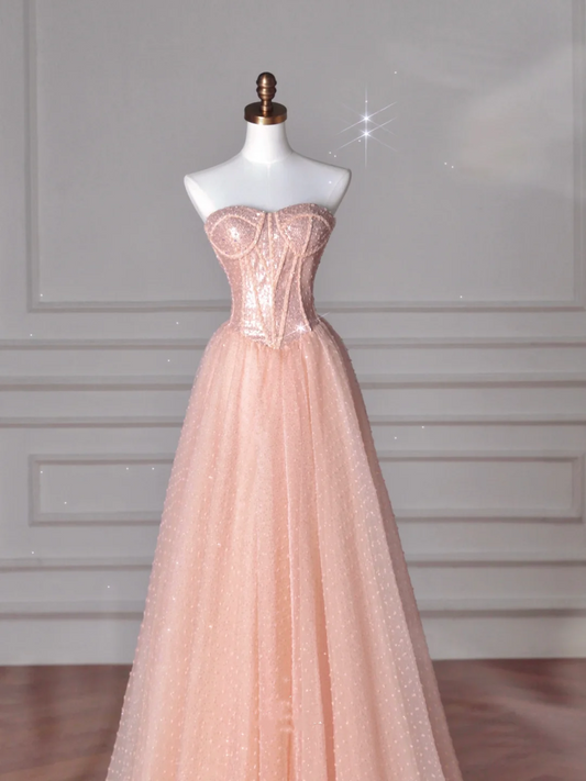 Pretty Peach Pink Strapless Sequins Tulle A Line Long Prom Dress Evening Dress Y8645