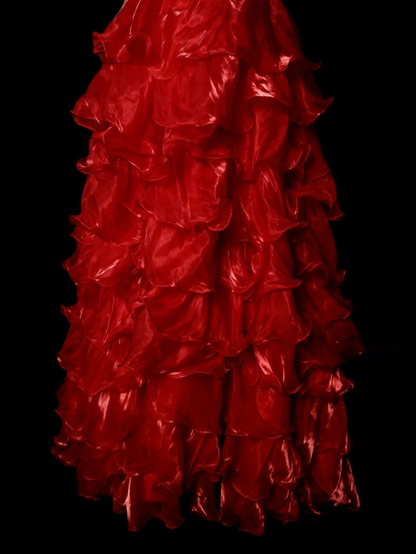 Gorgeous Red Halter V Neck Beaded Organza Pleated Layered Mermaid Long Evening Dress Prom Dress D1881