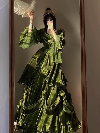 Chic Ball Gown Strapless Long Sleeves Floral Ruffles Green Prom Dresses Birthday Outfits
