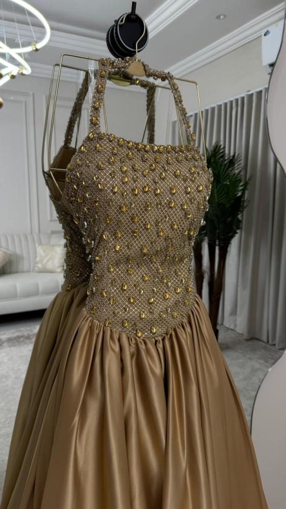 Luxurious Halter Satin Beaded Long Evening Dress Formal Birthday Party Dress D1876