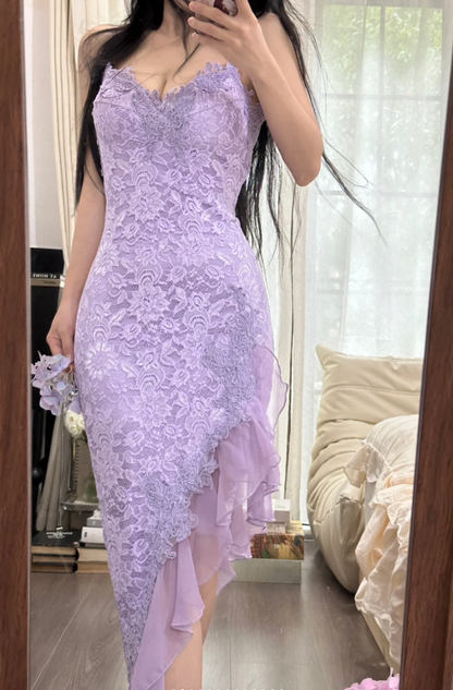 Pretty Spaghetti Straps Lavender V Neck Lace Chiffon Ruffles Long Party Dress Birthday Dress D2305