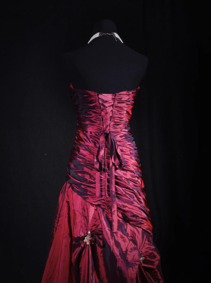 Retro Burgundy Strapless Satin Pleated Mermaid Long Party Dress Birthday Dress With Beads D2234