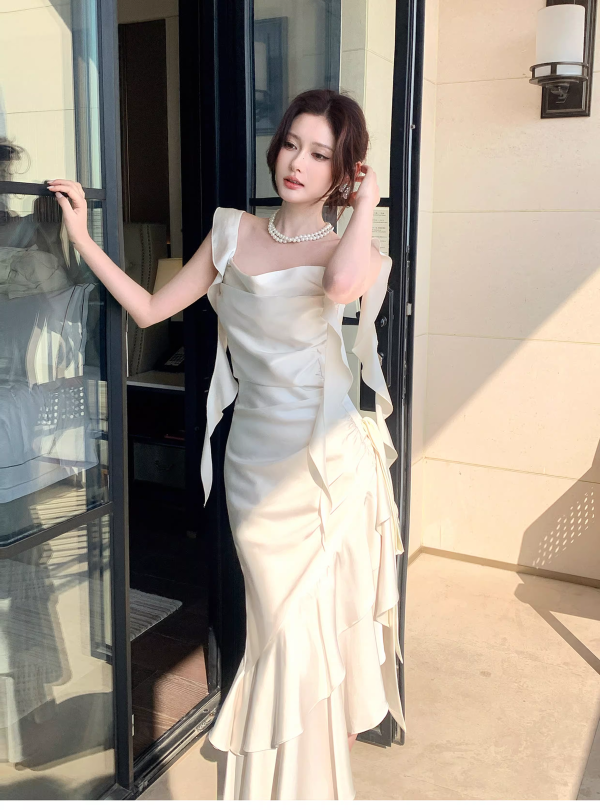 Elegant White Satin Ruffles Layered Mermaid Long Party Dress Prom Gown Formal Wedding Guest Dress SP1499