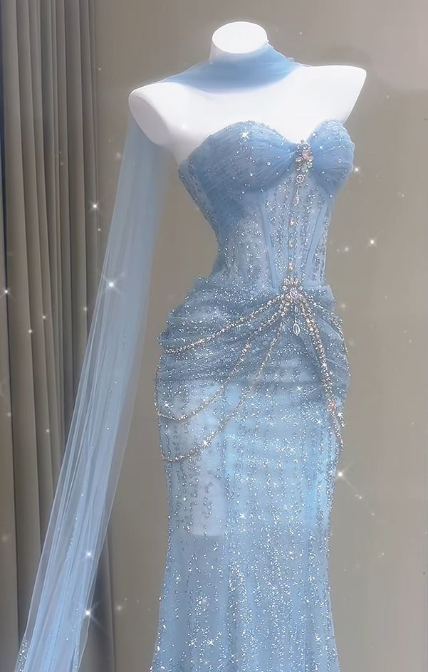 Glitter Sky Blue Strapless Tulle Sequin Beaded Mermaid Evening Dress Long Birthday Prom Dress Party Dress D1880