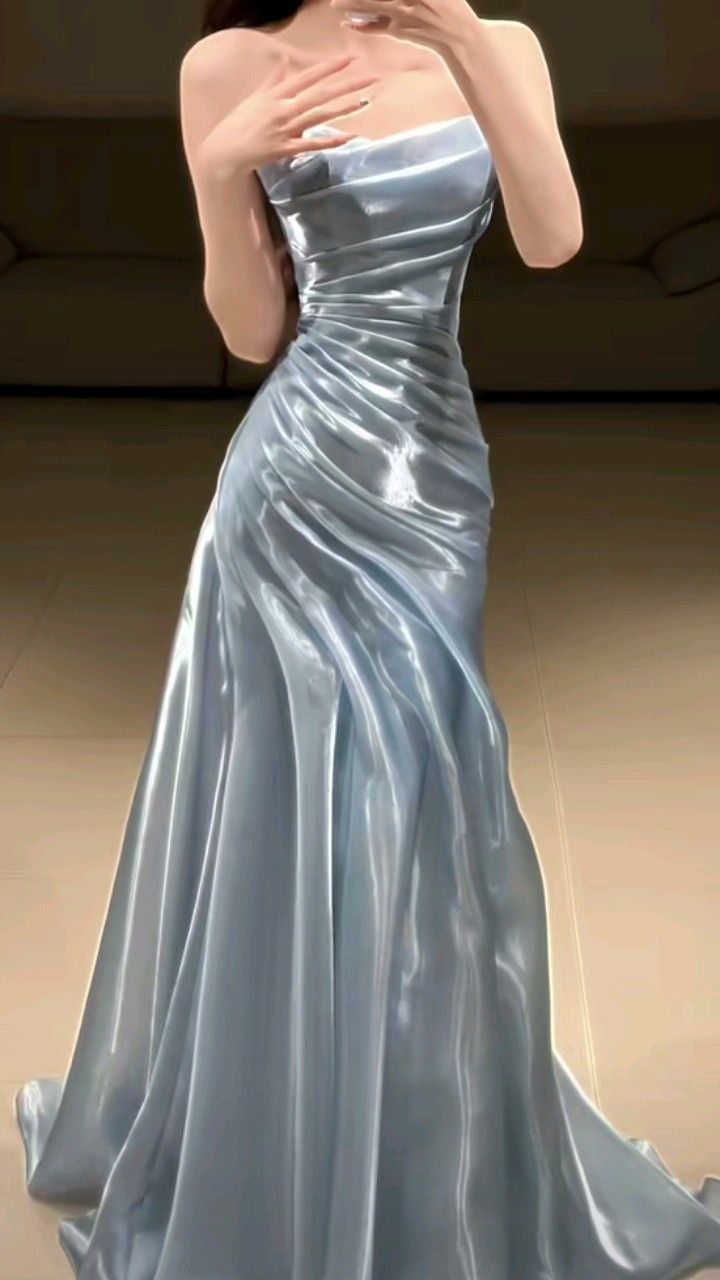 Pretty Strapless Satin Pleated Mermaid Evening Dress Party Dress Sky Blue Long Wedding Guest Dress D1893