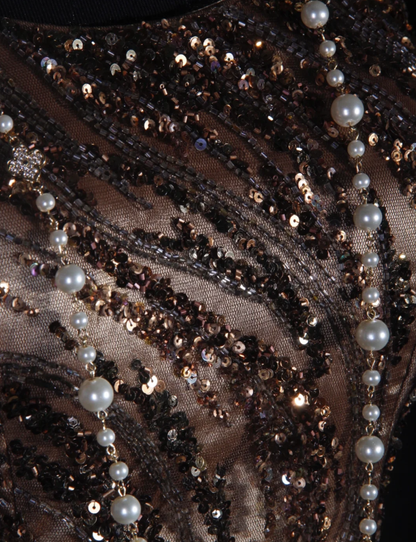 Retro Dark Brown Sleeveless Satin Sequin Beaded Long Evening Dress Birthday Dress D2290
