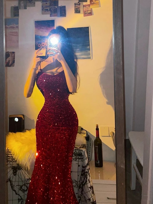 Sparkly Red Spaghetti Straps Sequin Mermaid Long Wedding Guest Dress Party Dress D1801