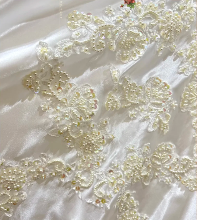 Pretty Off The Shoulder Long Sleeves Satin Lace Appliques Beaded Ball Gown White Long Wedding Dress