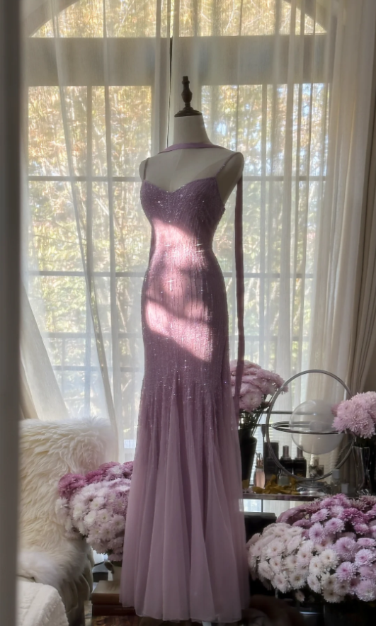 Elegant Spaghetti Straps Purple Chiffon Beaded Mermaid Long Party Dress Evening Gown