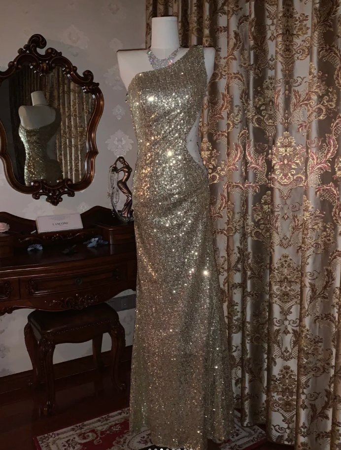 Sparkly Gold One Shoulder Sequin Mermaid Evening Dress Long Party Gown