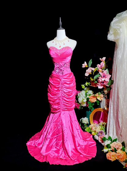 Sexy Hot Pink Satin Beaded Mermaid Long Party Dress Formal Wedding Guest Dress D2377