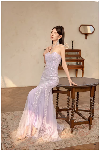 Gorgeous Sweetheart Neck Lavender Tulle Sequin Mermaid Long wedding Guest Dress Formal Evening Dress Prom Gown