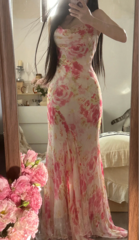 Fairy Spaghetti Straps Pink Chiffon Rose Floral Mermaid Long Party Dress 18th Birthday Outfits D2301