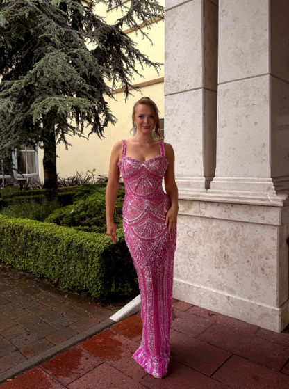 Gorgeous Pink Spaghetti Straps Sequin Beaded Long Evening Dress Formal Party Gown