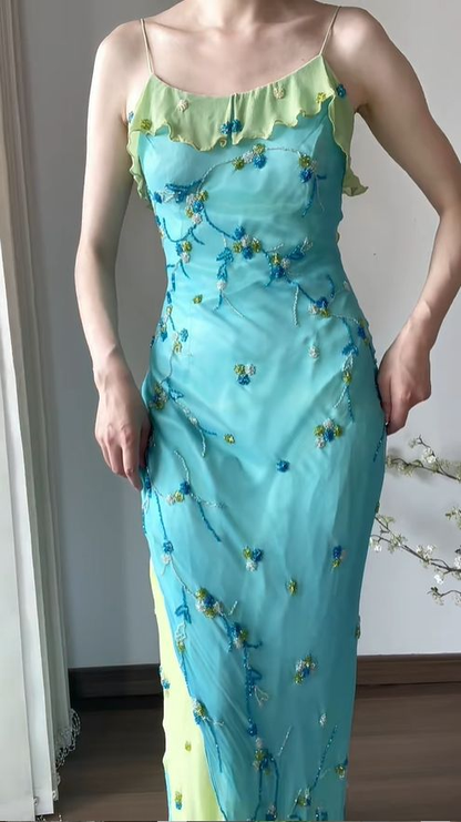 Vintage Spaghetti Straps Chiffon Beaded Blue Mermaid Party Dress Long Evening Gown