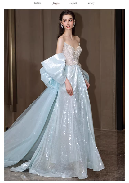 Glamorous Blue Strapless Tulle Sequin Beaded Mermaid Long Evening Dress Prom Dress D2216