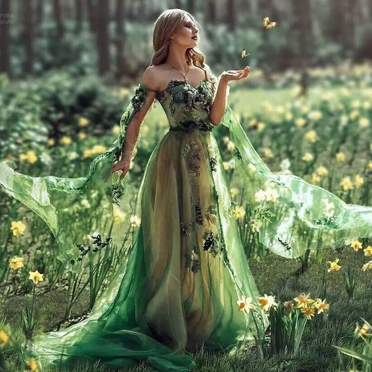 Unique Green Off Shoulder Long Sleeves Tulle Lace Appliques Evening Dress,Formal Party Prom Dress Y8390