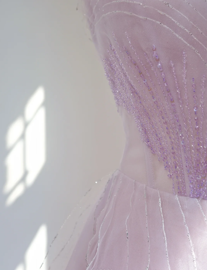 Classy Strapless Lilac Beaded Tulle Ruffles Long Birthday Prom Dress Formal Party Dress D2162
