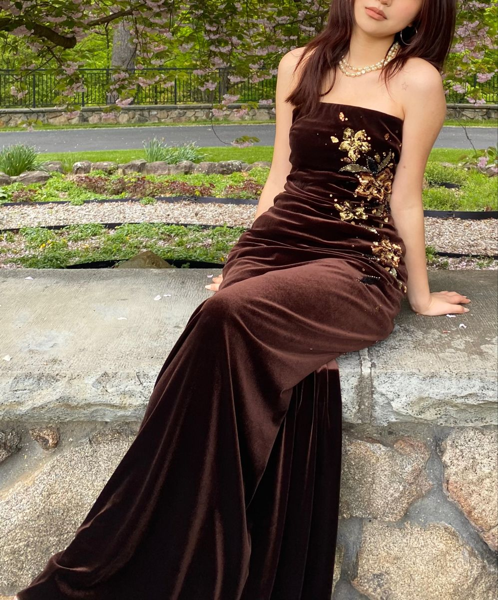 Vintage Strapless Brown Velvet Sequin Beaded Mermaid Party Dress Long Wedding Guest Dress D1860