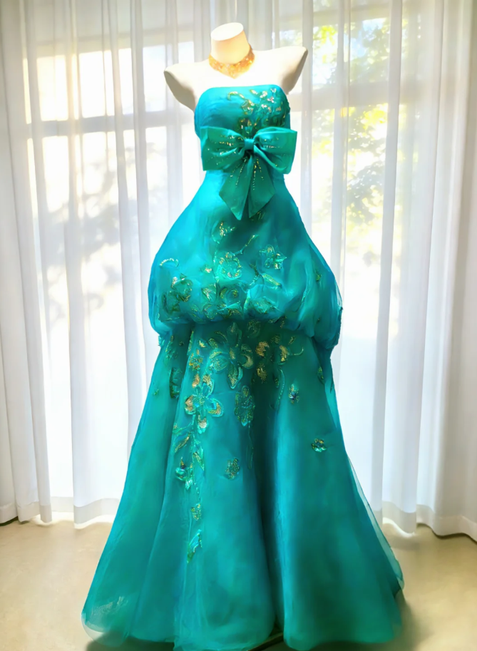 Princess Strapless Green Tulle Layered Mermaid Long Party Dress Formal Evening Dress With Bow SP1592