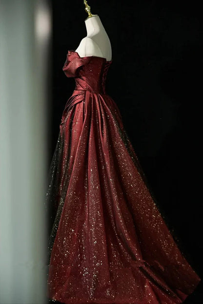 Black and Red Off Shoulder A-line Strapless Party Dress, Long Chic Prom Dress Evening Dress