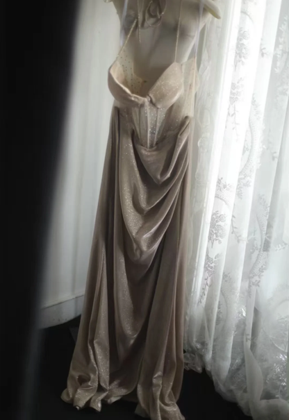 Glitter Spaghetti Straps Satin Beaded Mermaid Slit Evening Dress Long Prom Dress D2320