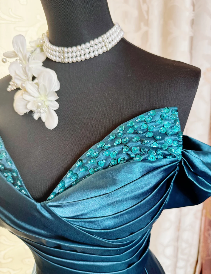 Gorgeous Navy Blue Off The Shoulder Satin Beaded Mermaid Long Evening Dress Formal Birthday Prom Dress SP1886