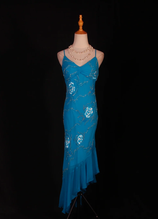 Pretty Blue Spaghetti Straps Embroidery Floral Chiffon Beaded Mermaid Long Prom Dress Party Gowns