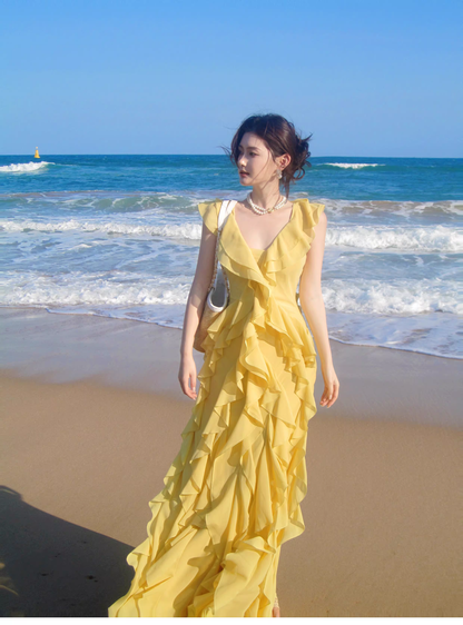 Classy Yellow Chiffon Layered Ruffles Mermaid Evening Dress Long Birthday Dress SP1648
