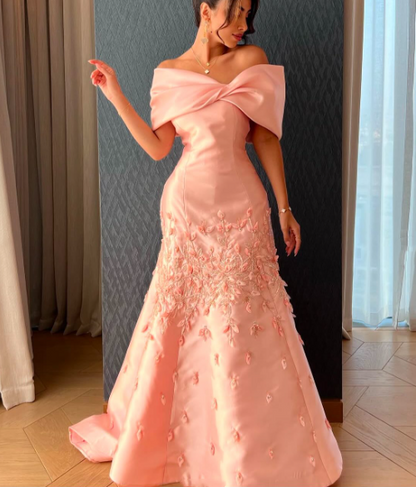 Chic Off The Shoulder Satin Beaded Appliques Pink Long Party Dress Evening Gown