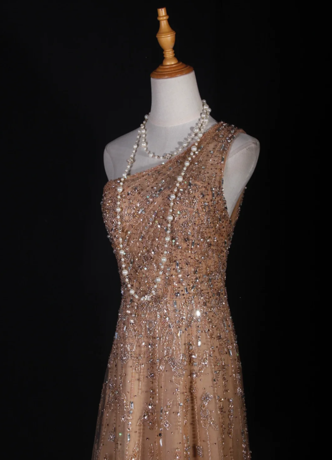 Luxury Champagne One Shoulder Tulle Sequin Beaded Mermaid Long Evening Dress 18th Birthday Outfits D2286