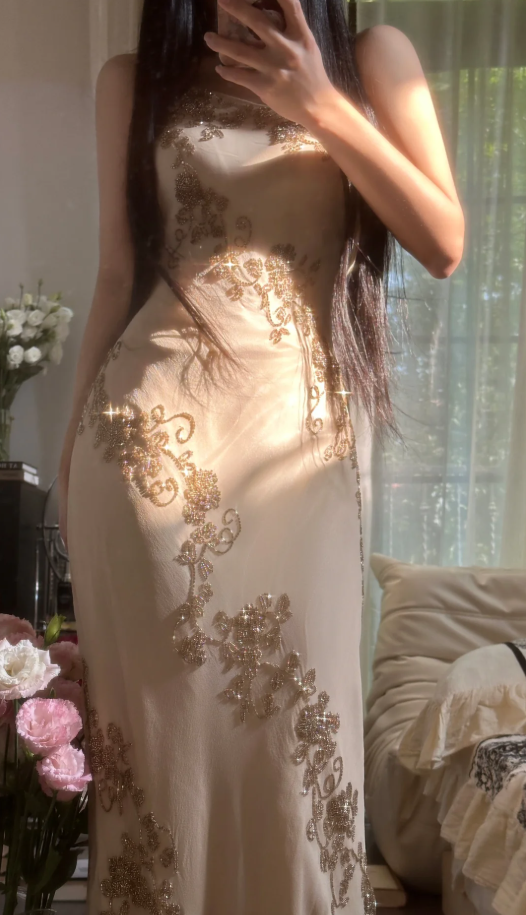 Vintage Spaghetti Straps Chiffon Beaded Mermaid Long Evening Dress Formal Birthday Party Dress D2310