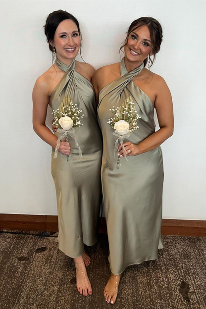 Classy Halter Champagne Backless Sheath Tea Length Bridesmaid Dress Formal Wedding Guest Dress D963