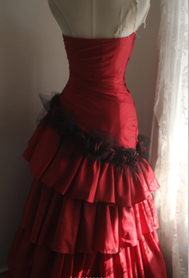Vintage Red Strapless Satin Layered Mermaid Evening Dress Long Party Dress D2311