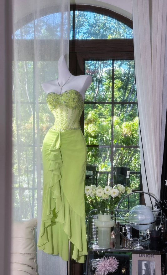 Classy Strapless Green Chiffon Beaded Ruffles Mermaid Evening Dress Long Wedding Guest Dress Party Gown