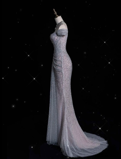 Sparkly Lilac Tulle Beaded Mermaid Off The Shoulder Evening Dress Long Prom Dress Y8054