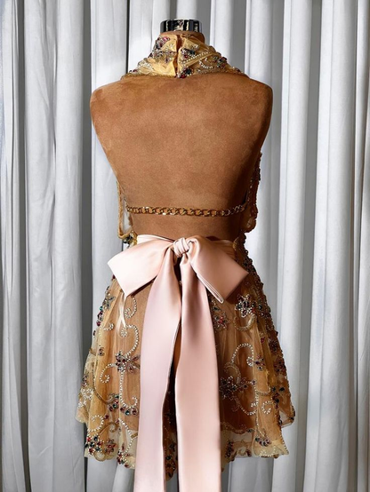 Vintage Halter Champagne Tulle Sequin Beaded Backless Cocktail Dress Short Homecoming Dress D486
