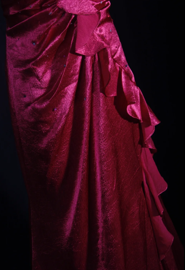 Stylish Hot Pink Satin V Neck Mermaid Evening Dress Backless Long Party Gown With Beads