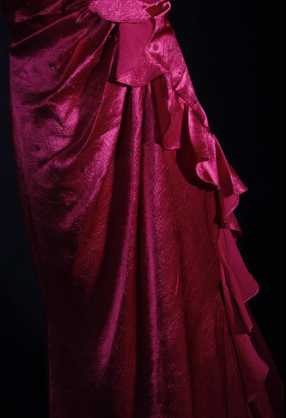 Stylish Hot Pink Satin V Neck Mermaid Evening Dress Backless Long Party Gown With Beads