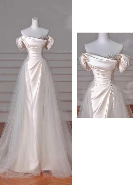 Elegant White off The Shoulder Satin Beaded Mermaid Evening Dress,Formal Prom Dress Wedding Dress Y8617