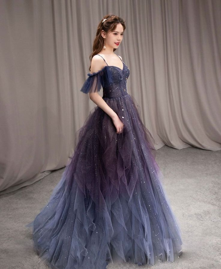 Dark starry sky ombre purple tulle long prom dress purple evening dress Y5847